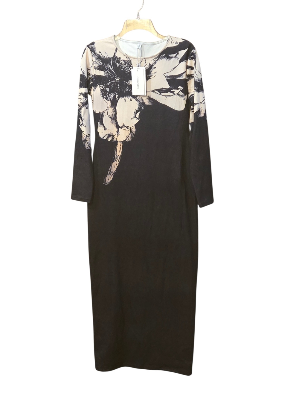 Oshoplive NWT Women’s L Black Floral Cream Print Long Sleeve Bodycon Maxi Dress